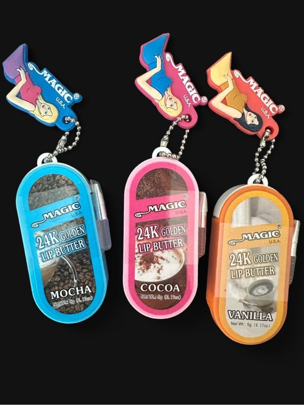 MAGIC 24K Golden Lip Butter Keychain - Blue Mocha, Pink Cocoa, Orange Vanilla